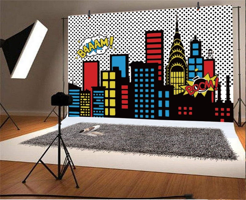 AOFOTO 7x5ft Cartoon Super City Backdrop Boy Birthday Banner Urban Night Cityscape Bomb Downtown Buildings Photography Background Bang Boom Skyscraper Kid Newborn Portrait Photo Studio Props Vinyl - Image 3